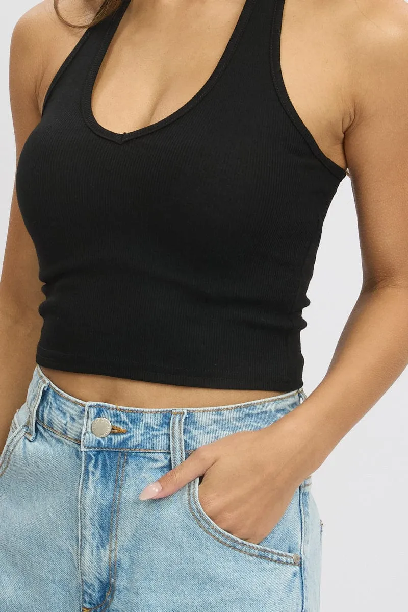 Black Halter Top Sleeveless Rib