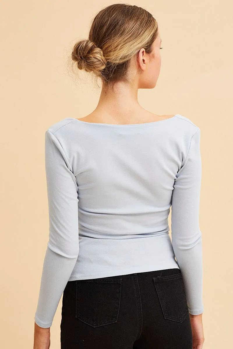 Blue Cotton Top Long Sleeve Scoop Neck