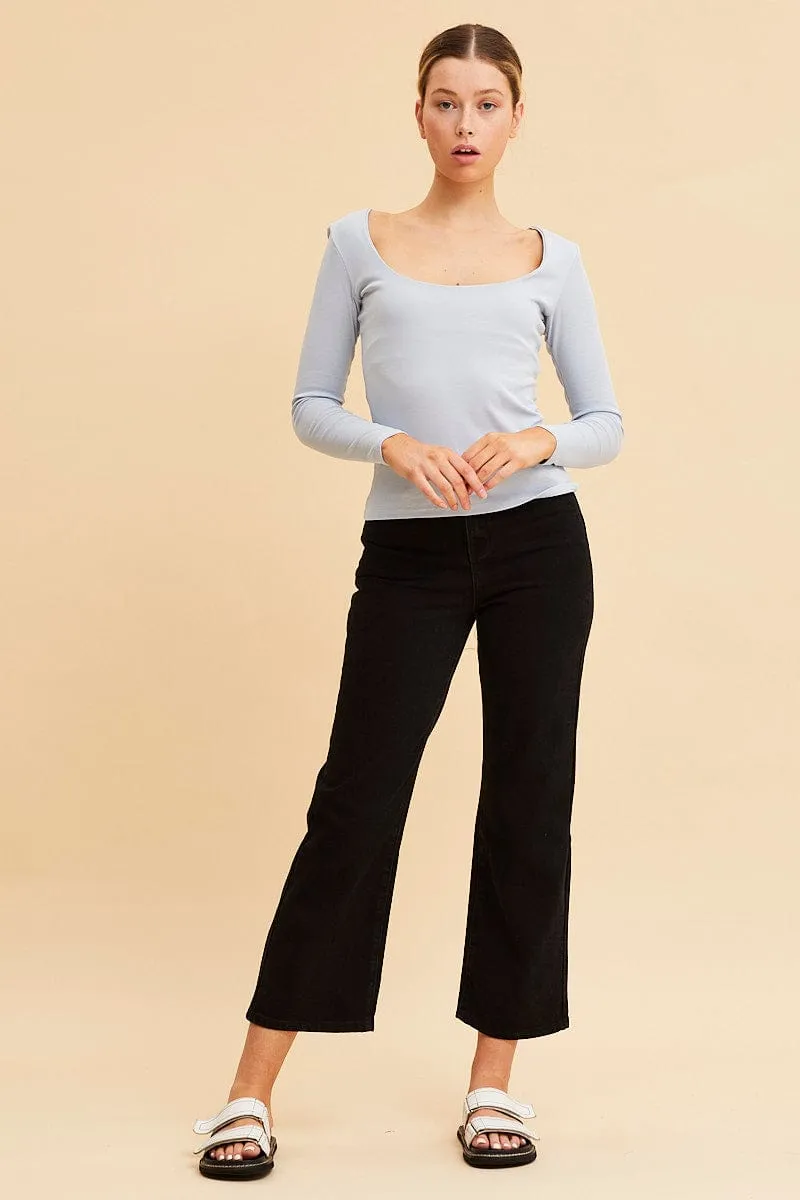Blue Cotton Top Long Sleeve Scoop Neck