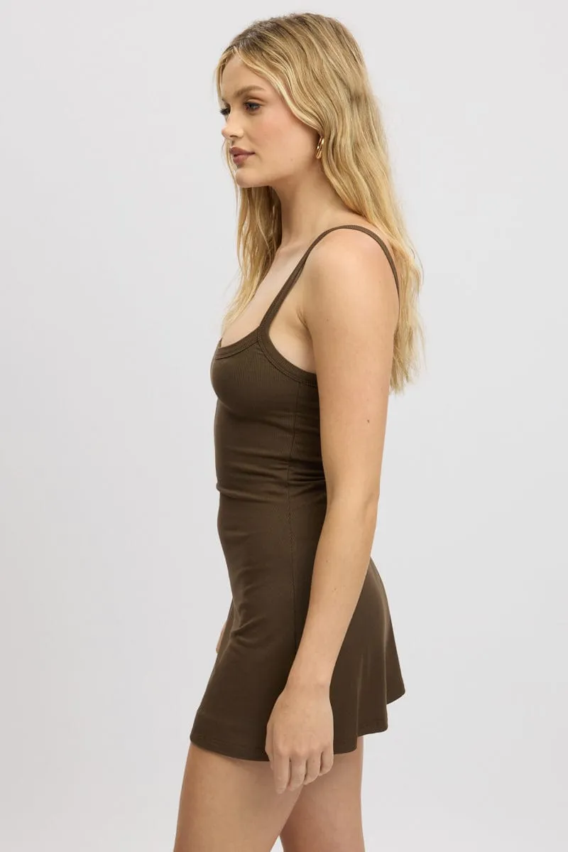 Brown Mini Dress Sleeveless Rib A-Line