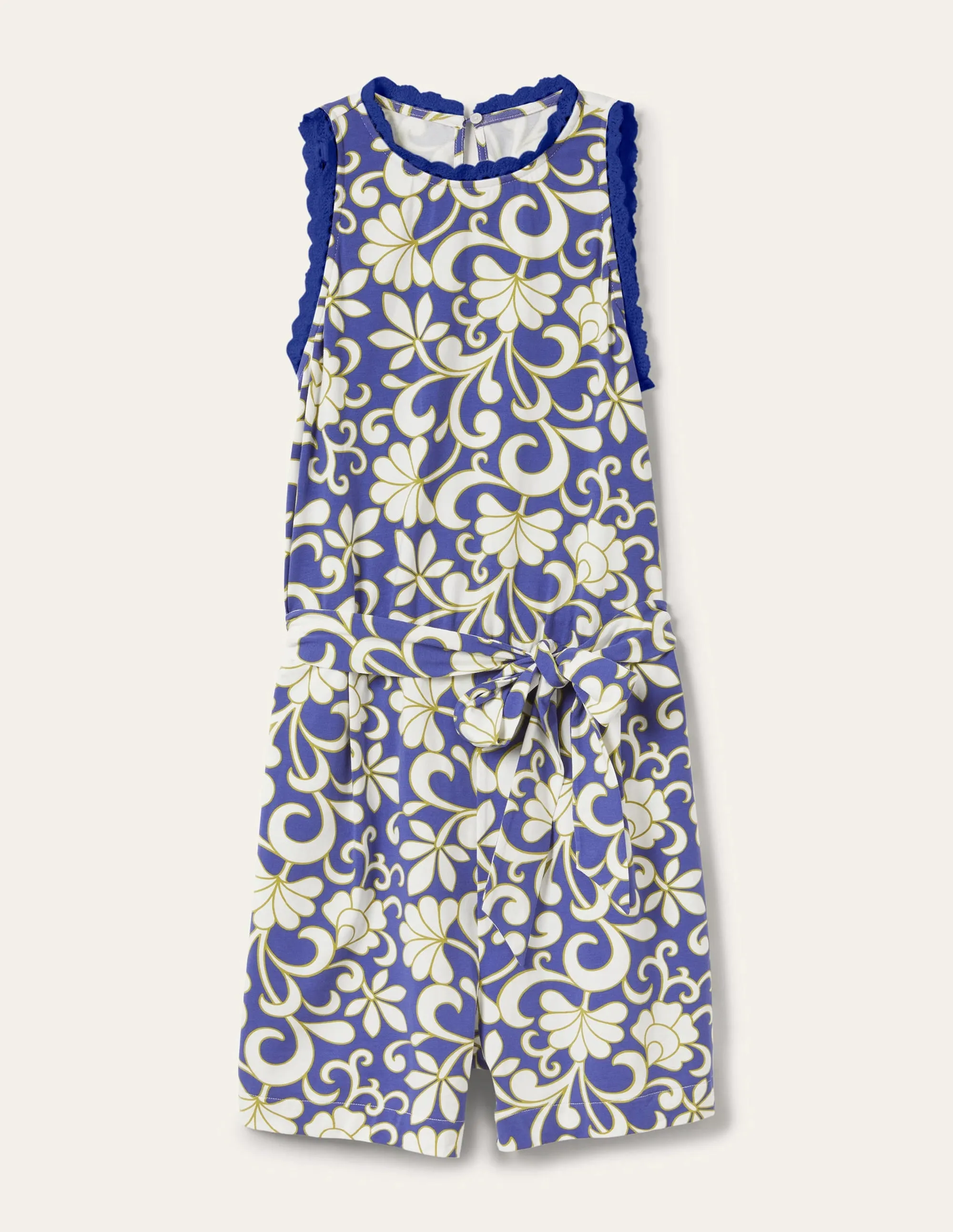 Crochet Detail Jersey Playsuit-Atlantic Ocean. Abstract Petal