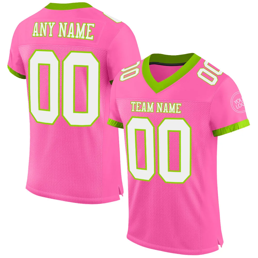 Custom Pink White-Neon Green Mesh Authentic Football Jersey