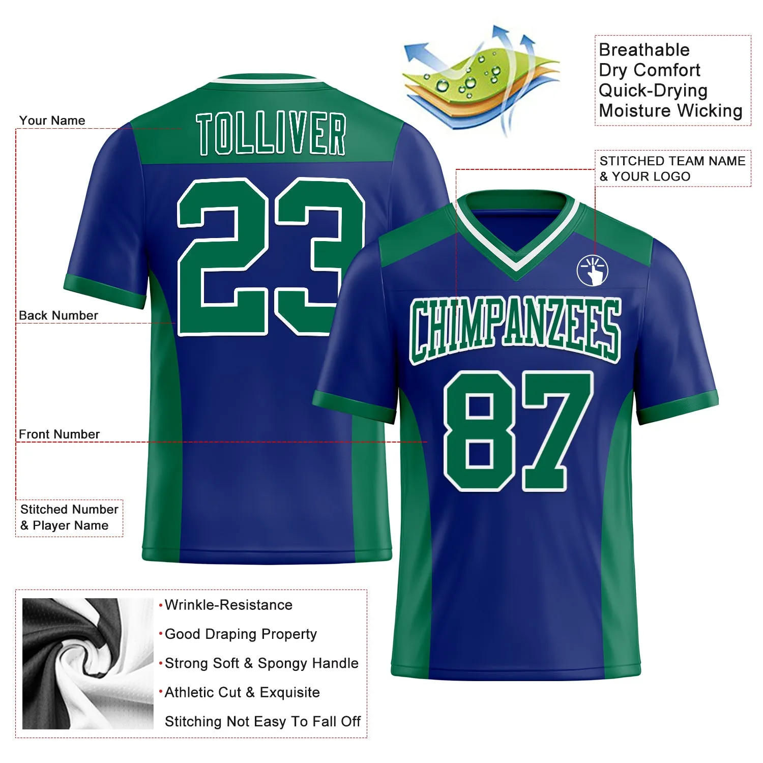 Custom Royal Kelly Green-White Mesh Authentic Football Jersey