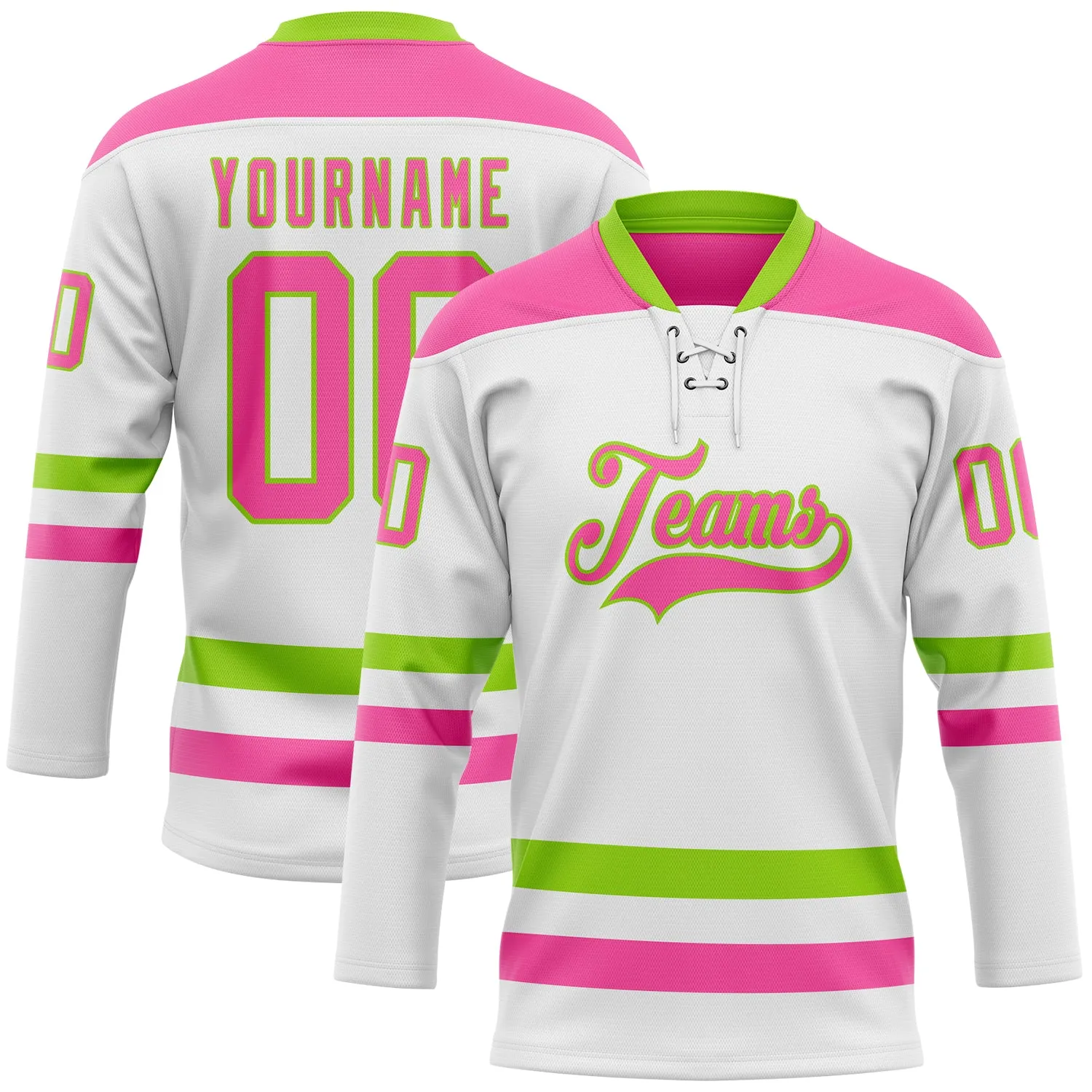 Custom White Pink-Neon Green Hockey Lace Neck Jersey