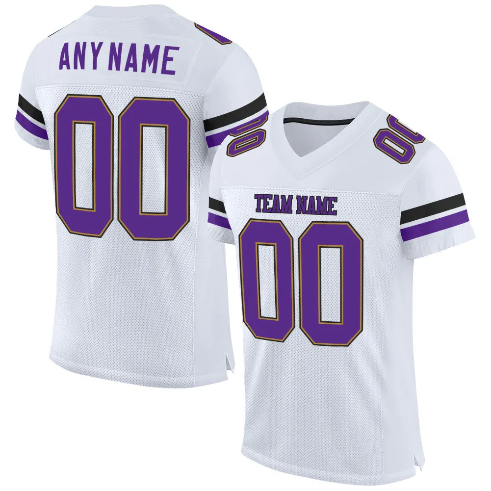 Custom White Purple-Old Gold Mesh Authentic Football Jersey