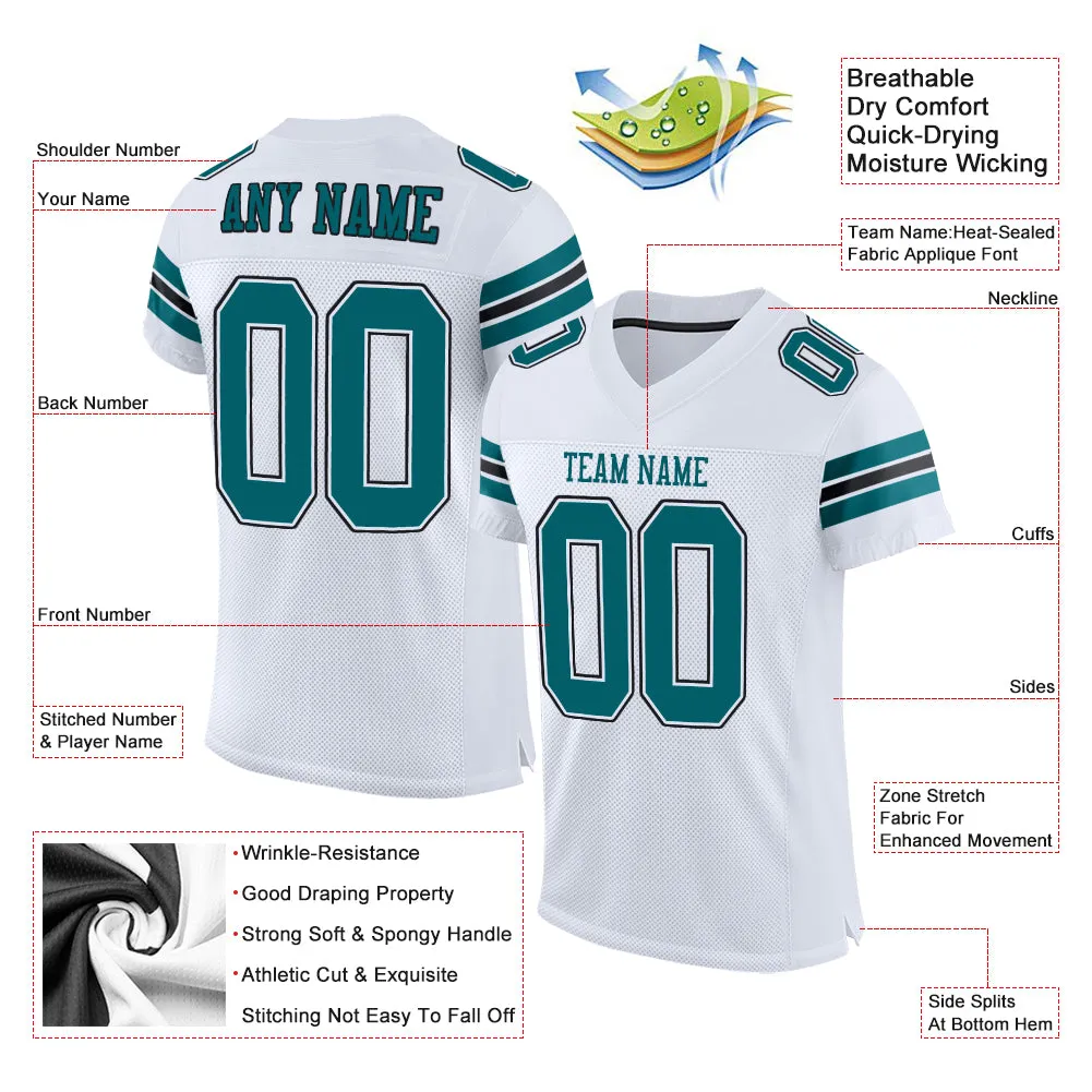 Custom White Teal-Black Mesh Authentic Football Jersey