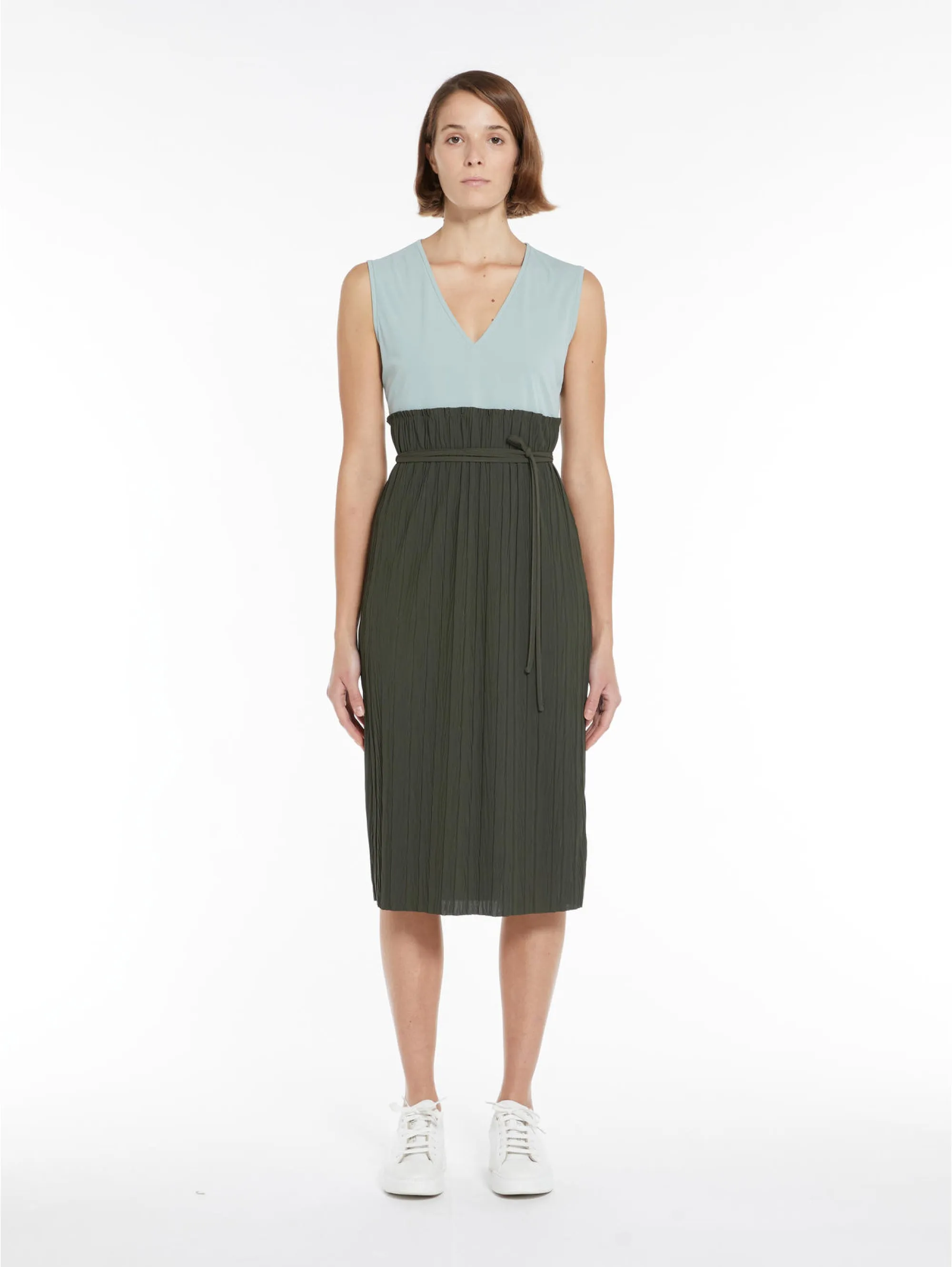 Dress with Body and Longuette in Jersey Plissé Verde
