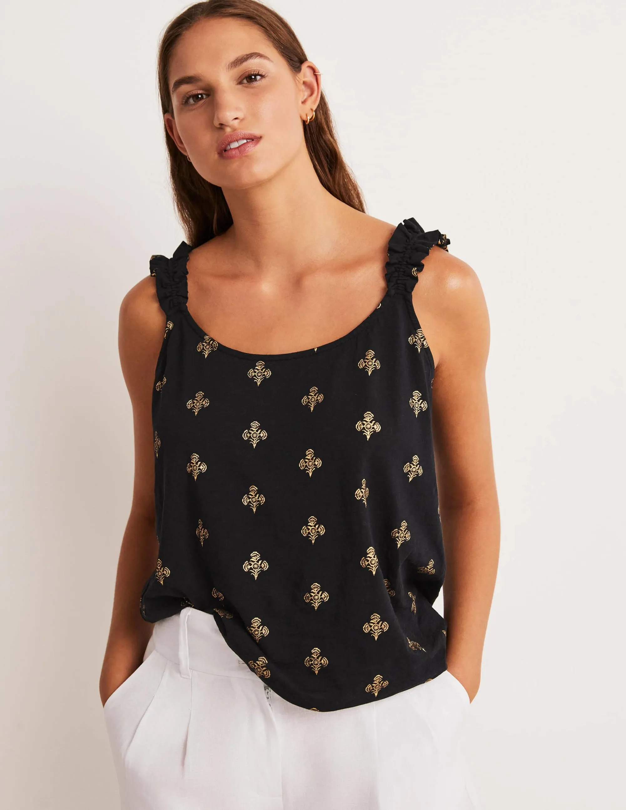 Frill Strap Jersey Top-Black. Poppy Bloom Mono Foil