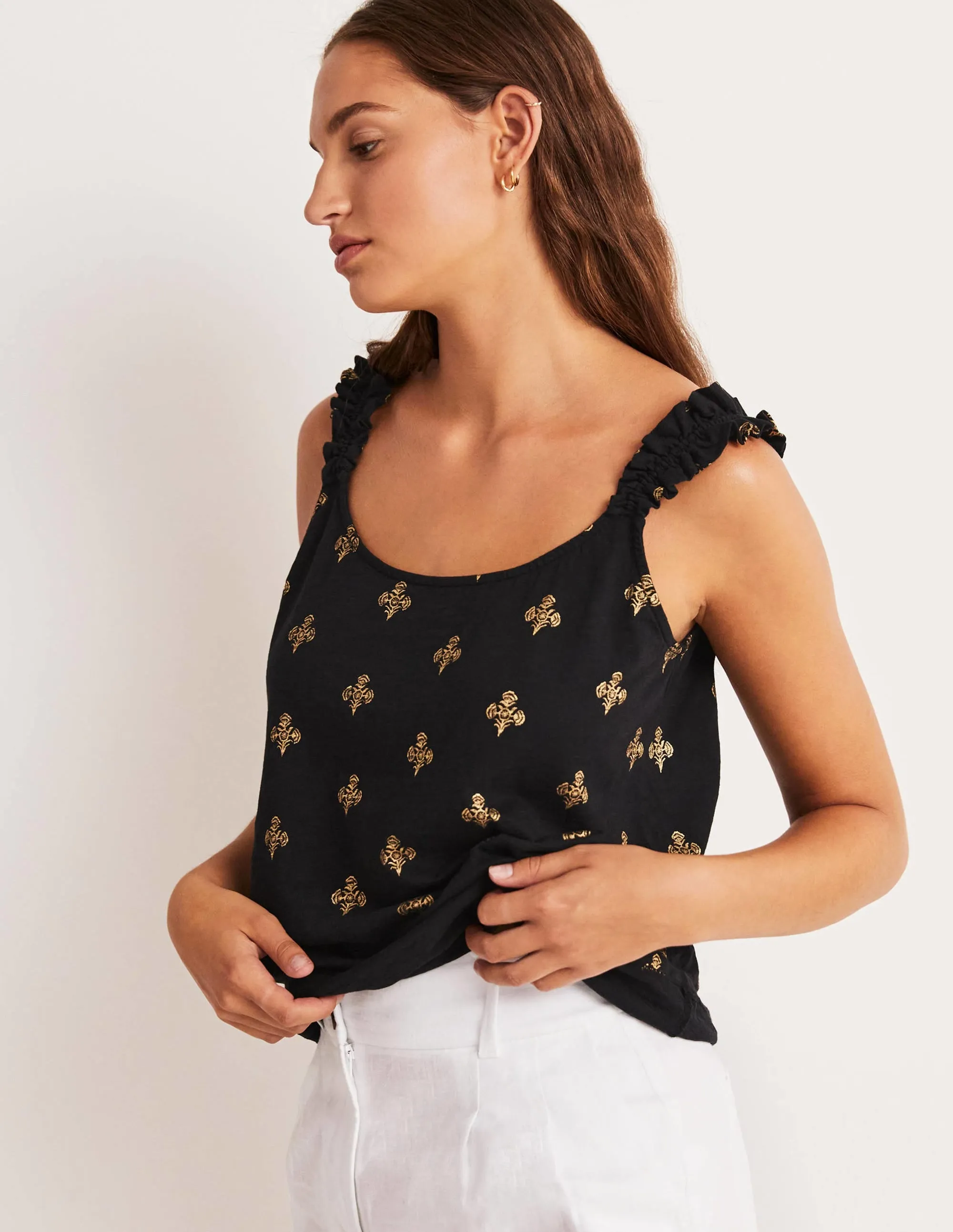 Frill Strap Jersey Top-Black. Poppy Bloom Mono Foil