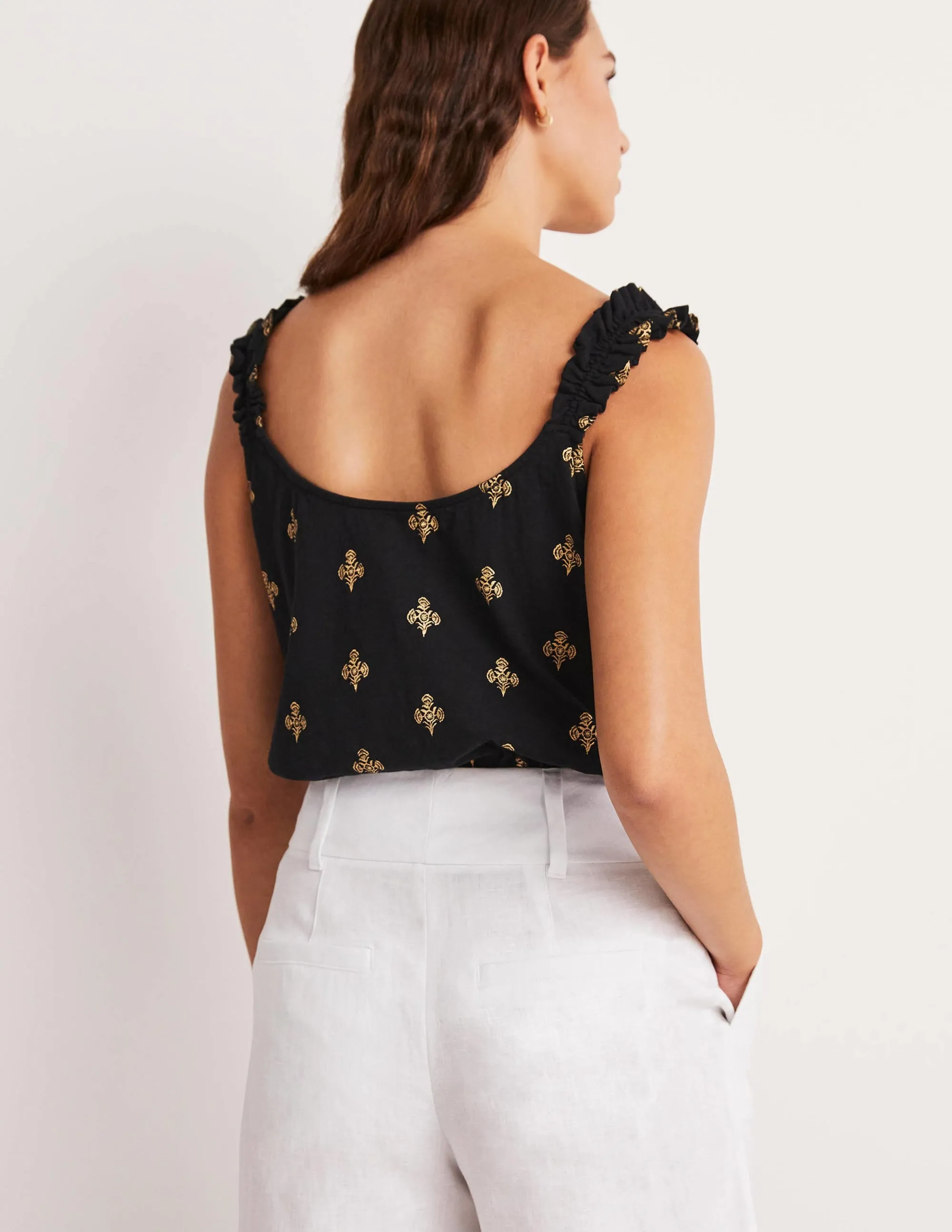 Frill Strap Jersey Top-Black. Poppy Bloom Mono Foil