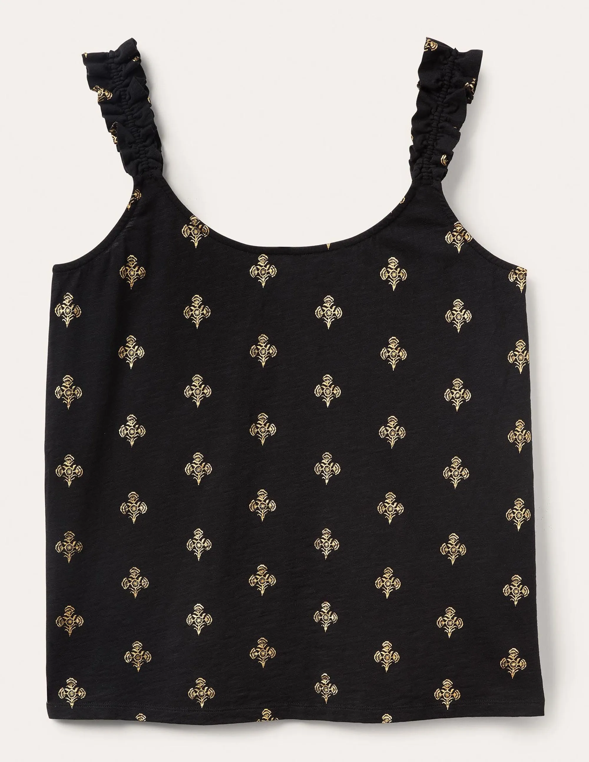 Frill Strap Jersey Top-Black. Poppy Bloom Mono Foil