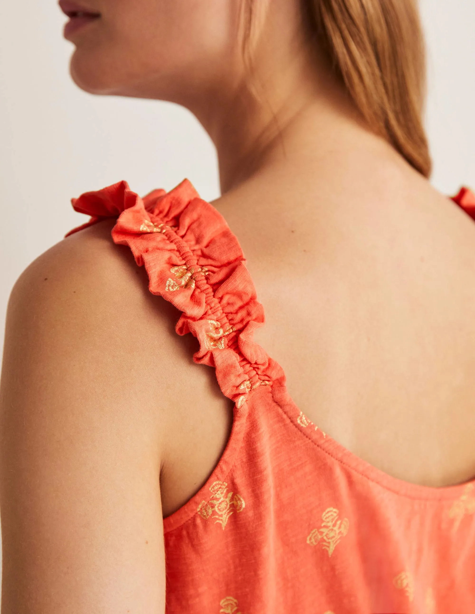 Frill Strap Jersey Top-Bright Papaya. Poppy Bloom