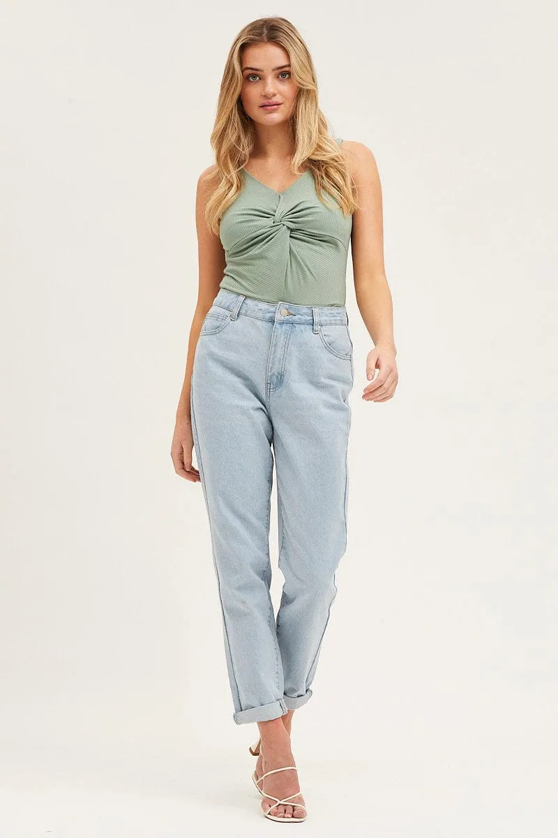 Green Rib V Neck Sleeveless Twist Front Bodysuit