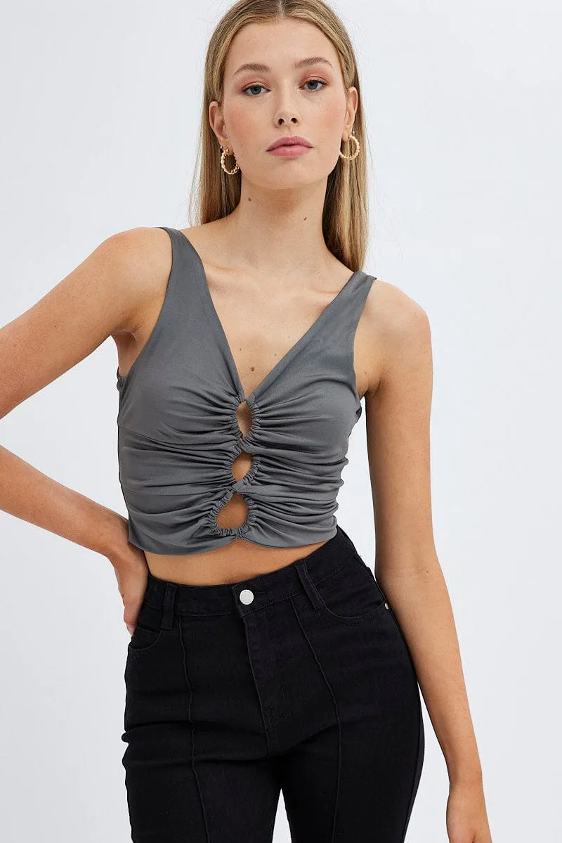 Grey Bralette Crop Top V Neck Keyholes Details