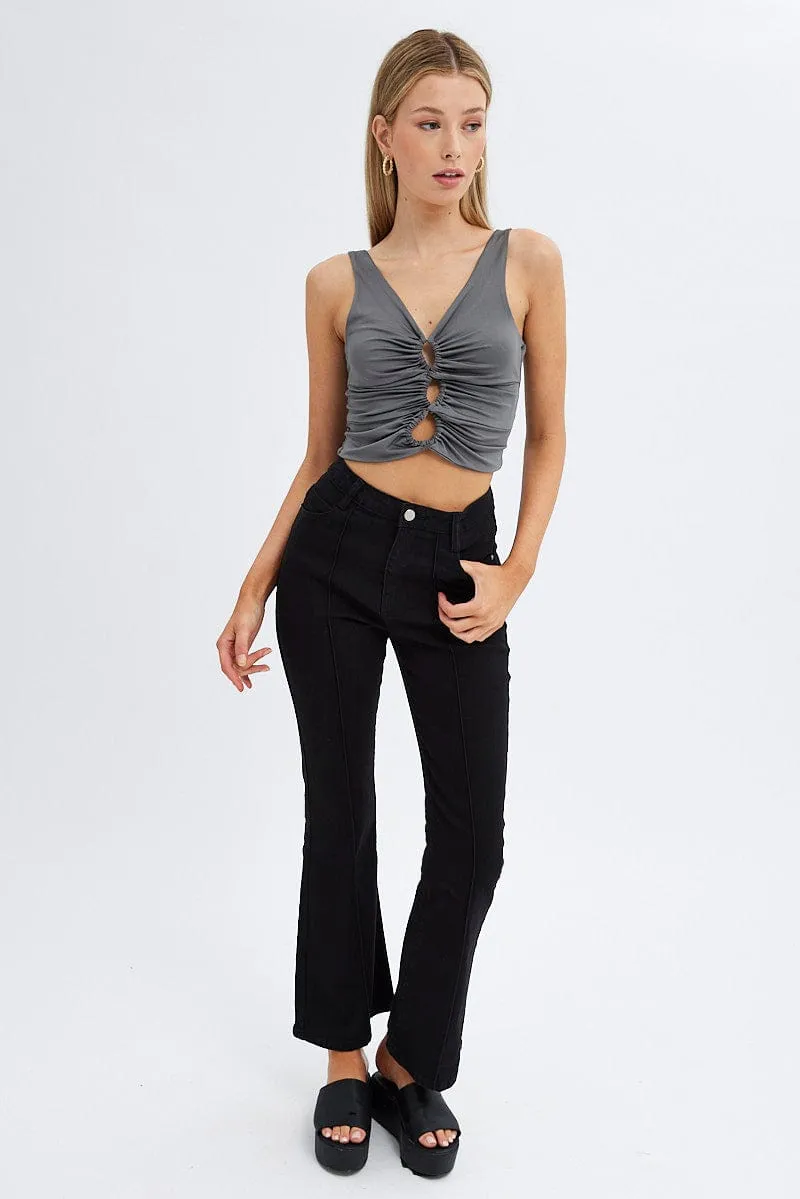 Grey Bralette Crop Top V Neck Keyholes Details
