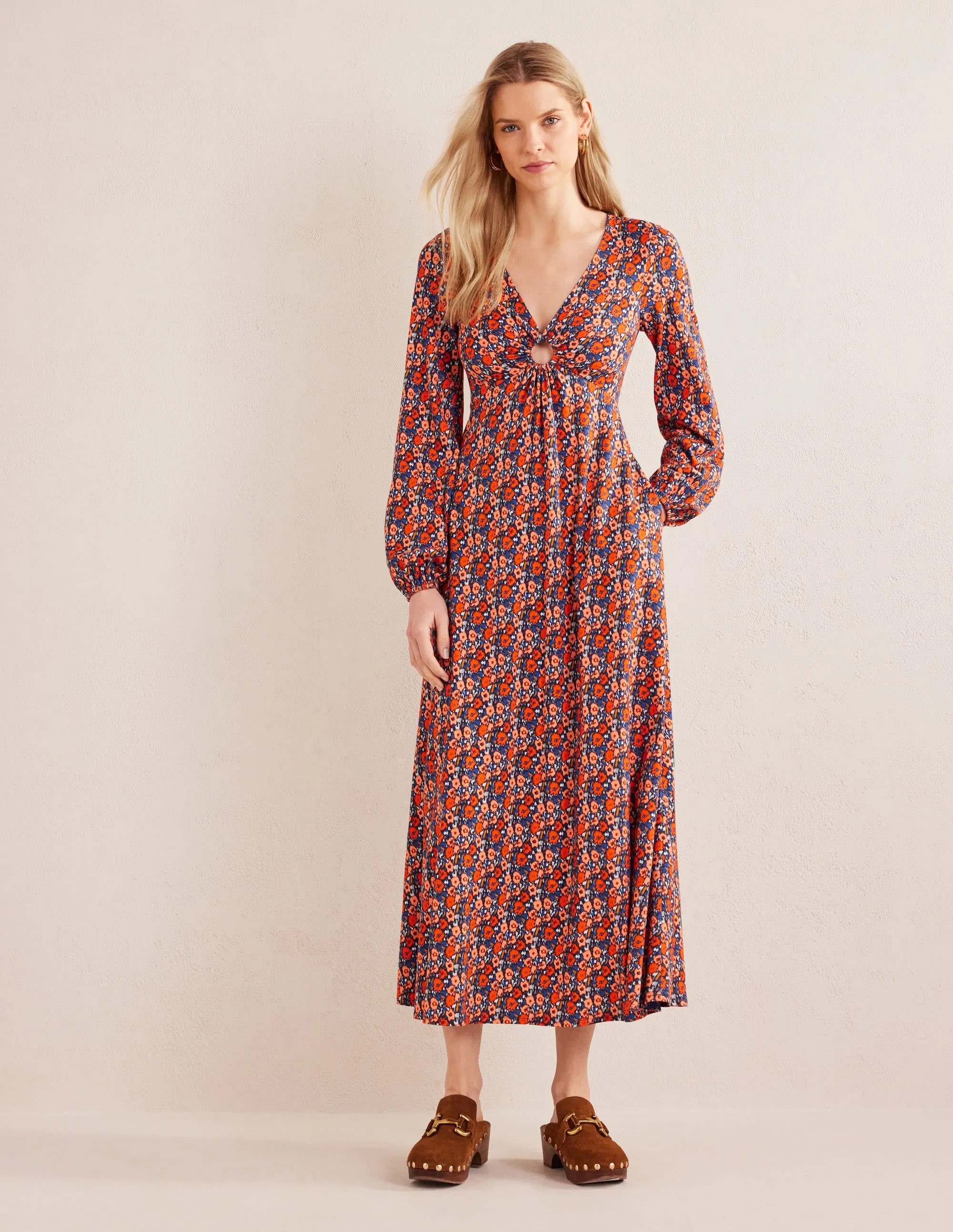 Keyhole Jersey Maxi Dress-Vermillion, Abstract Poppy