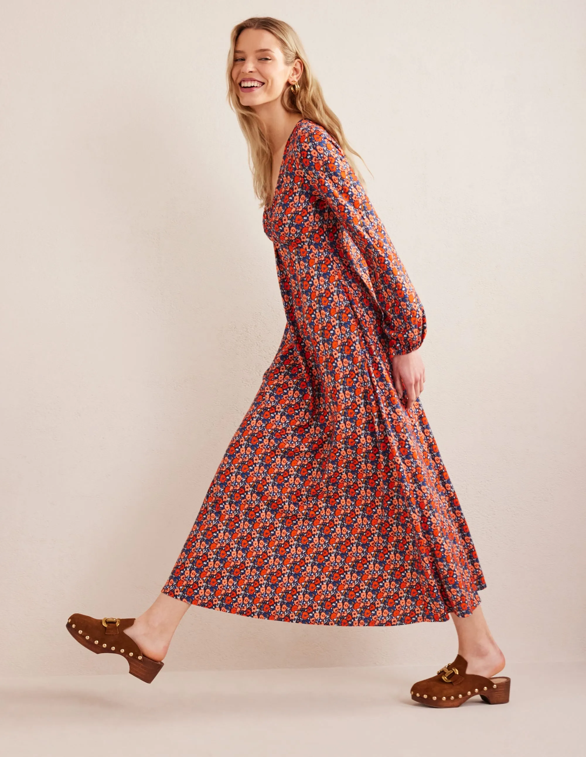 Keyhole Jersey Maxi Dress-Vermillion, Abstract Poppy