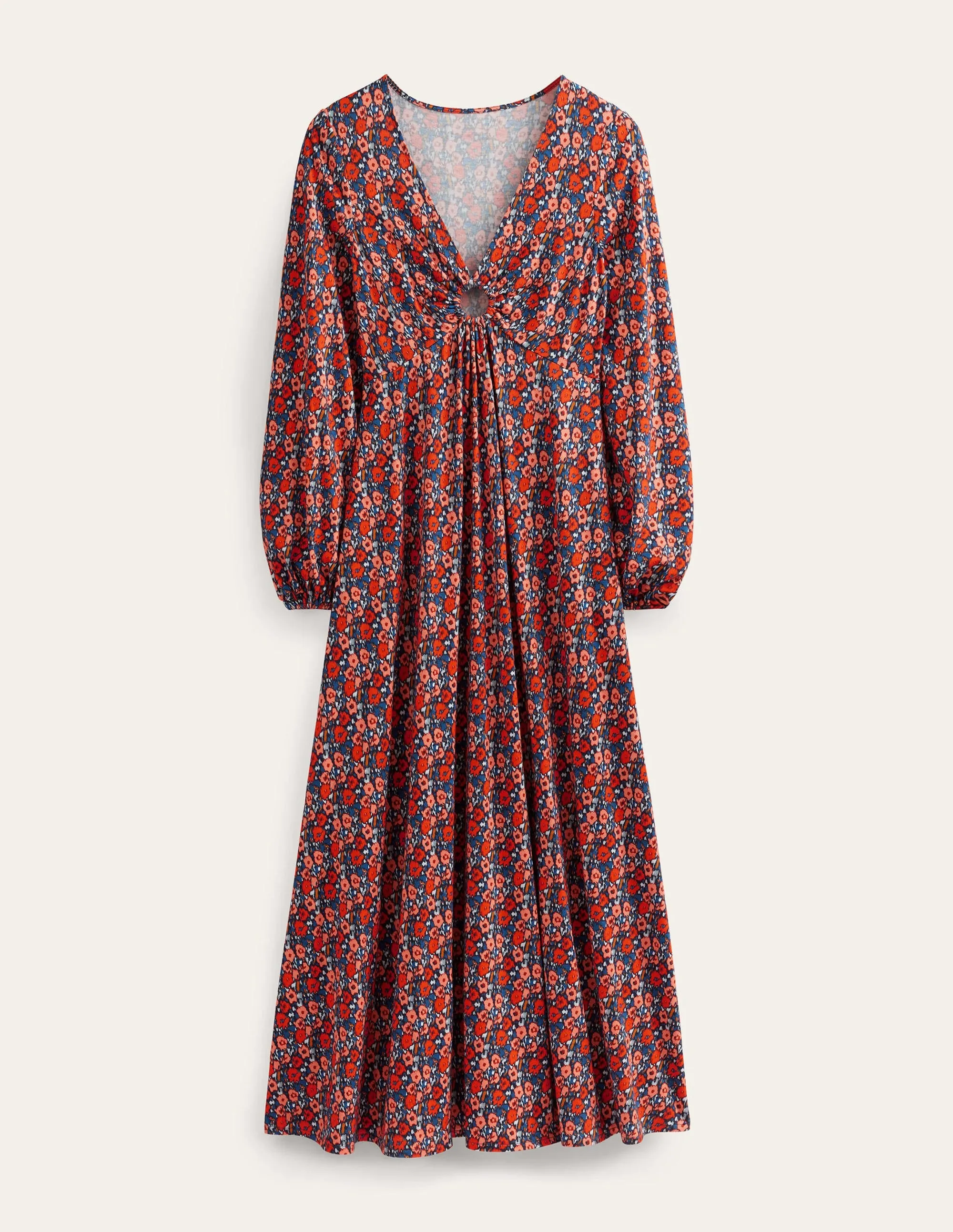 Keyhole Jersey Maxi Dress-Vermillion, Abstract Poppy