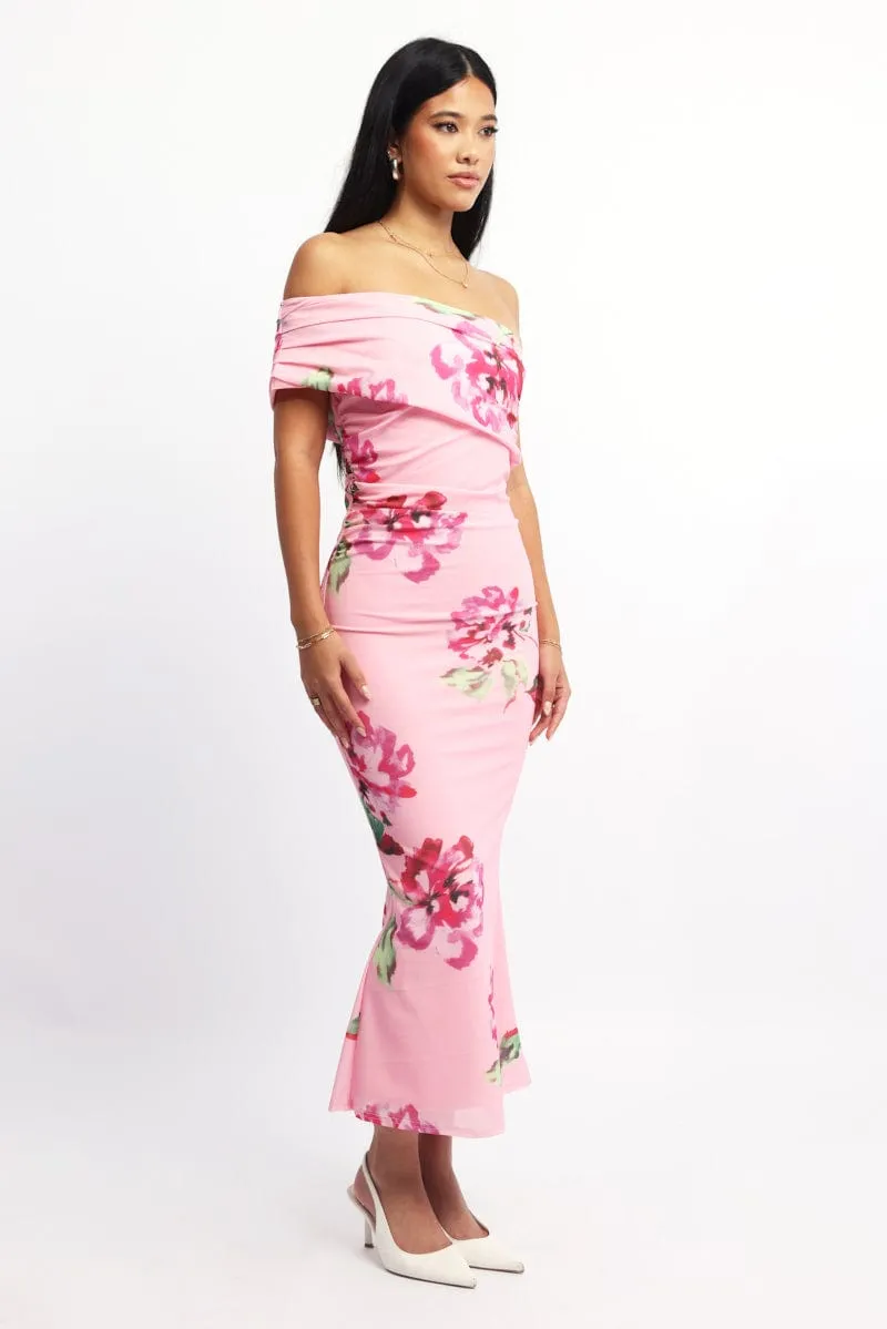 Pink Floral Bodycon Dress One Shoulder Mesh