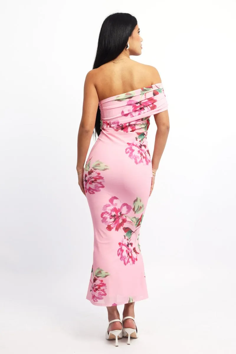 Pink Floral Bodycon Dress One Shoulder Mesh