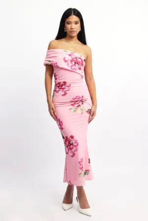 Pink Floral Bodycon Dress One Shoulder Mesh