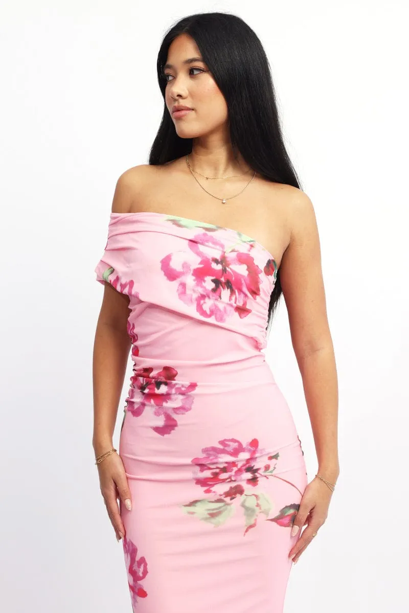 Pink Floral Bodycon Dress One Shoulder Mesh