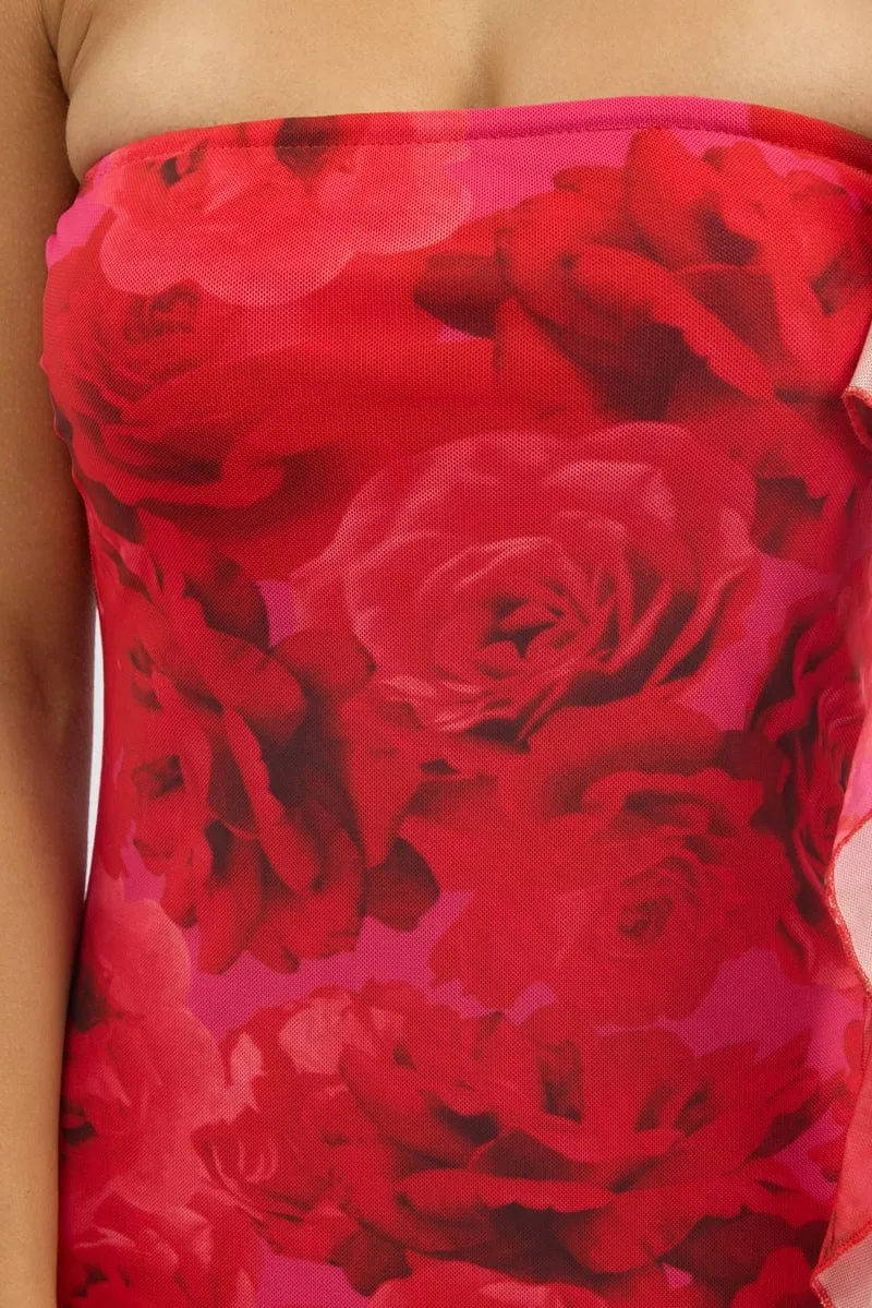 Red Floral Strapless Dress Mini Frill Hem Mesh