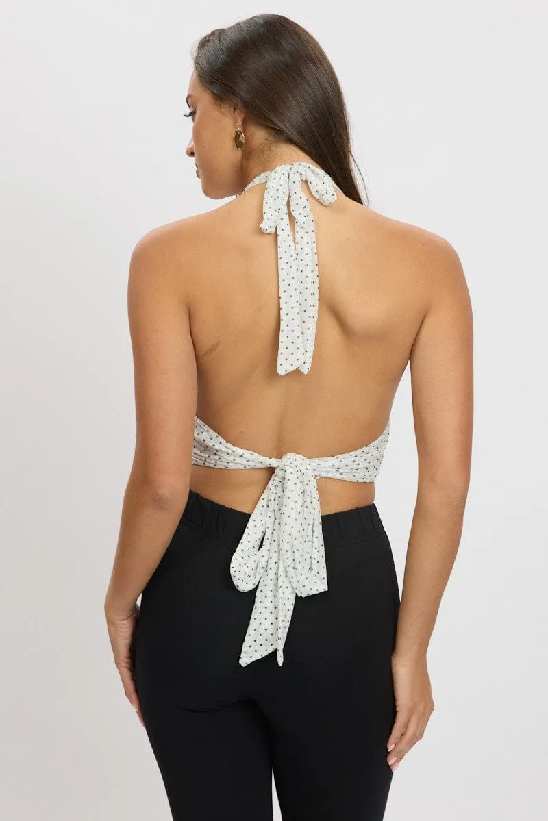 White Polka Dot Halter Neck Top Tie Back Mesh