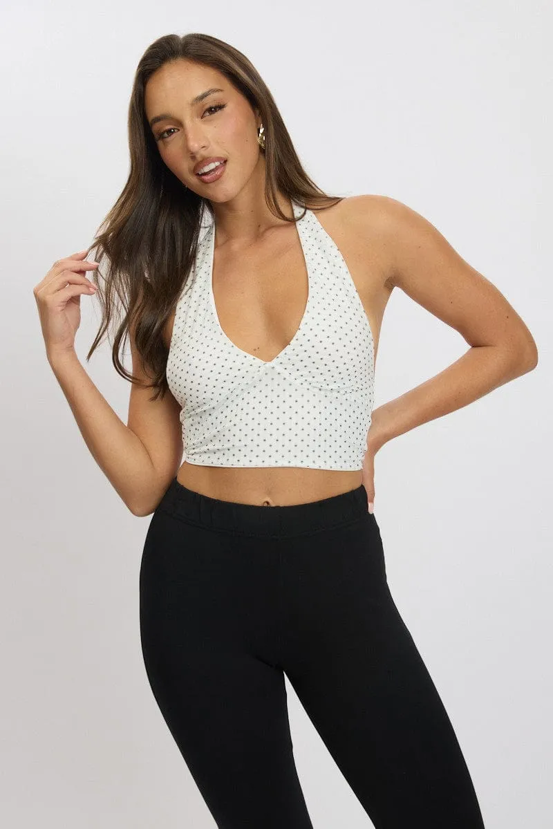 White Polka Dot Halter Neck Top Tie Back Mesh