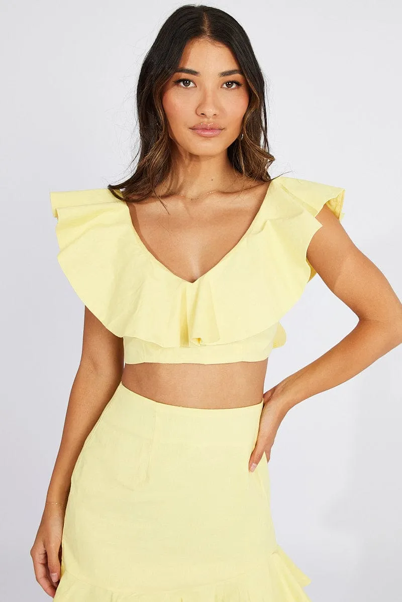 Yellow Plunge Crop Top Ruffle Shoulders
