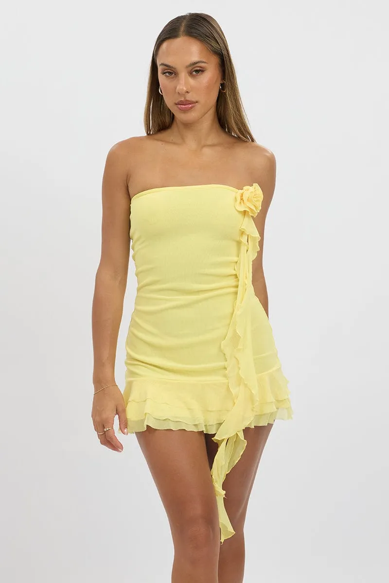 Yellow Strapless Dress Mini Frill Hem Mesh