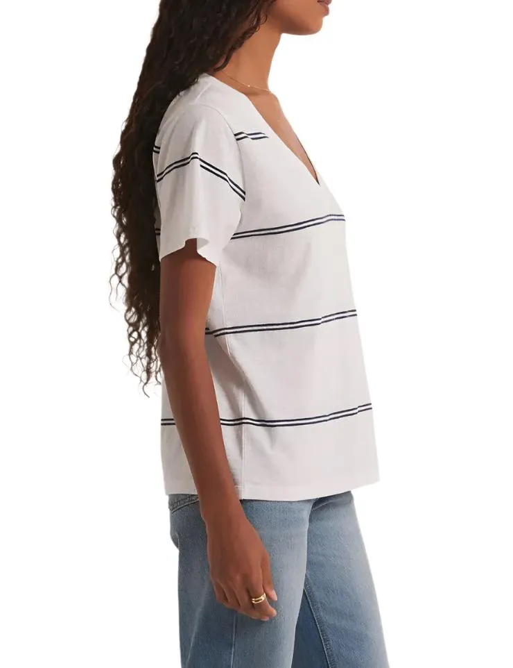 Z Supply Striped V Neck Pocket Tee White