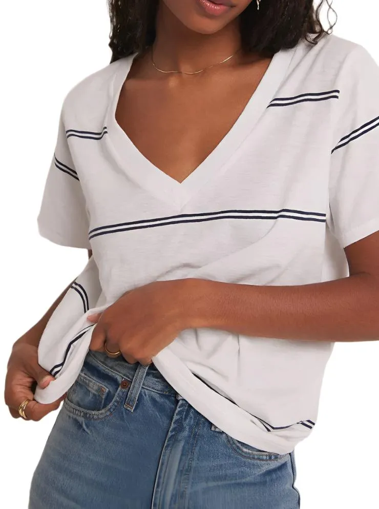 Z Supply Striped V Neck Pocket Tee White